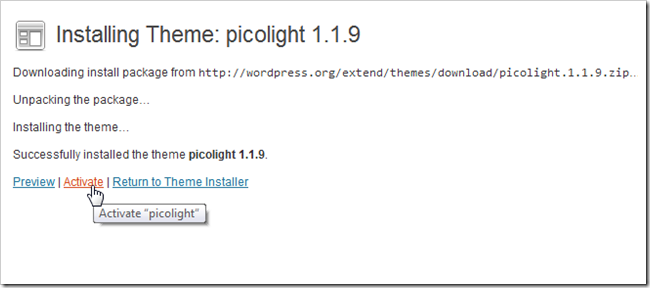 Кнопка установки темы WordPress