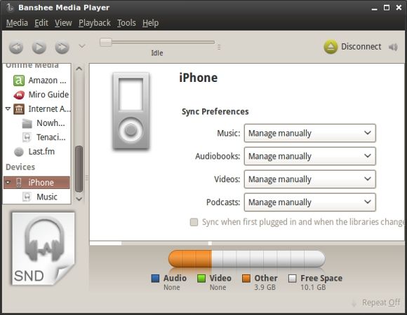 Перетаскивание треков из библиотеки в устройство в Banshee