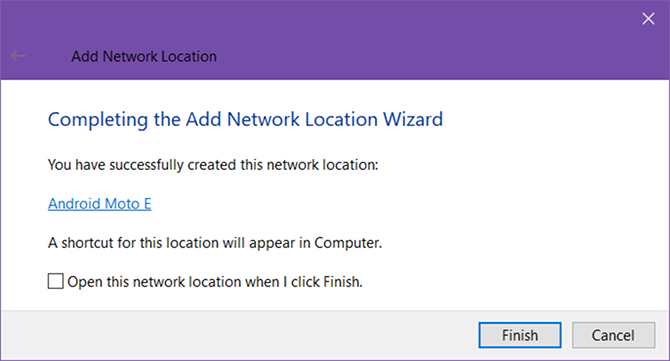 Завершённый мастер добавления сетевого расположения