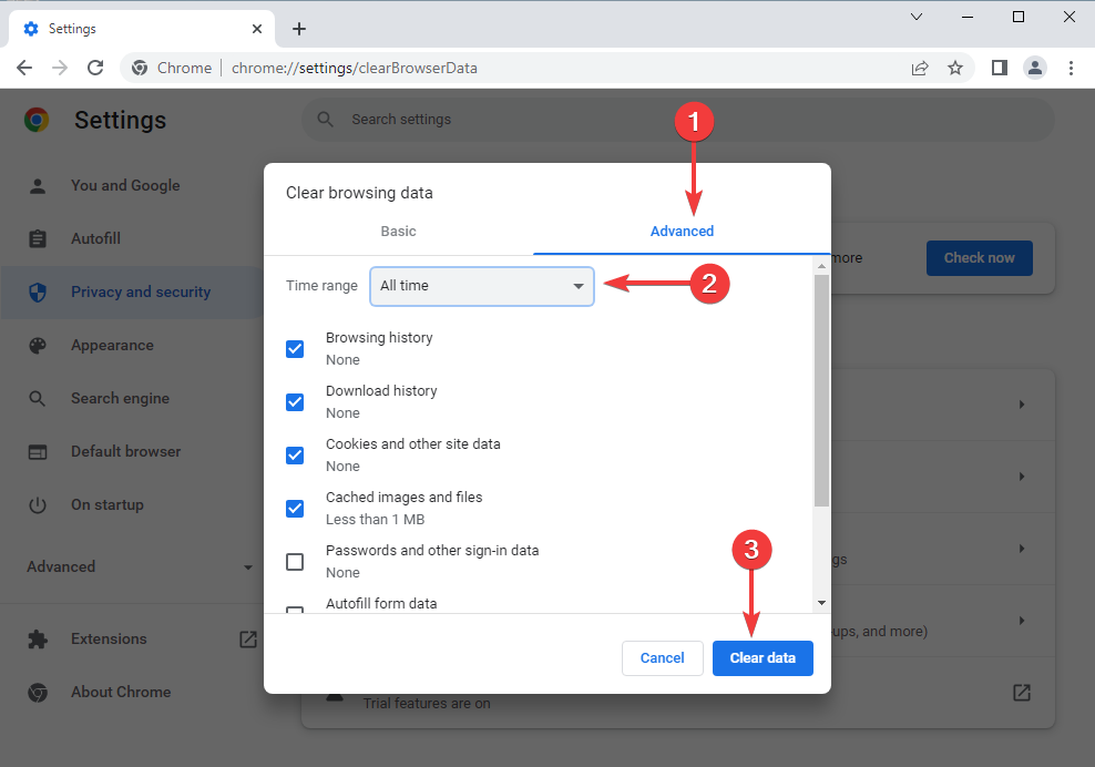Окно очистки данных браузера: вкладка 'Дополнительно', интервал 'За всё время'