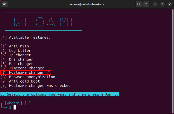 Терминал с переключенным модулем смены hostname в Whoami.