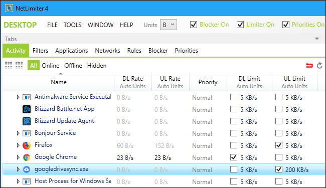 Интерфейс NetLimiter с списком приложений и скоростей