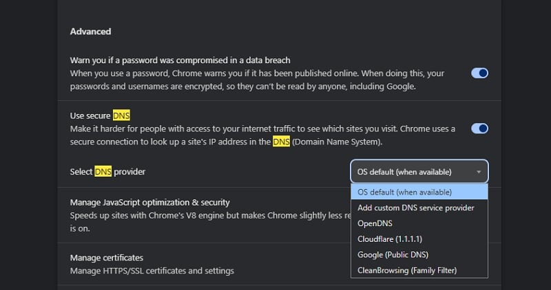 cambiar dns en chrome