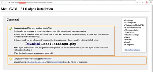 Página com link para download do arquivo LocalSettings.php