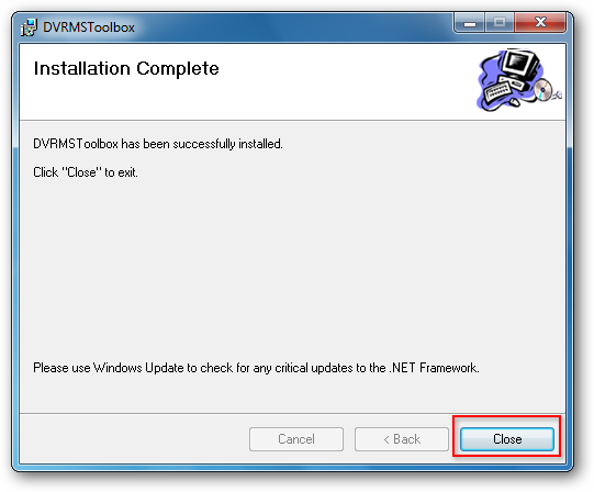 Окно завершения установки DVRMSToolBox