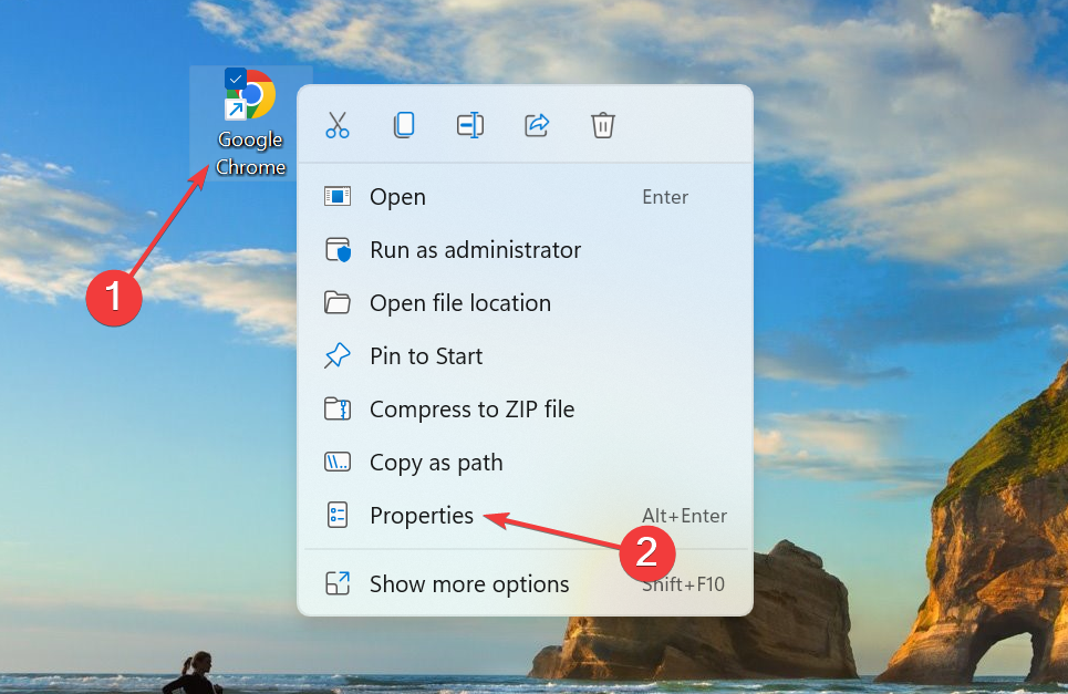 Свойства ярлыка Chrome