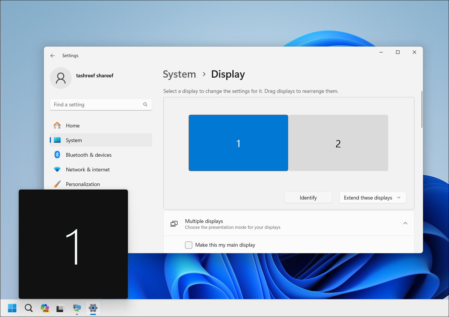 Приложение Параметры Windows с опцией Идентифицировать и номером на экране