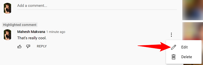 Меню с тремя точками для управления комментарием на YouTube.