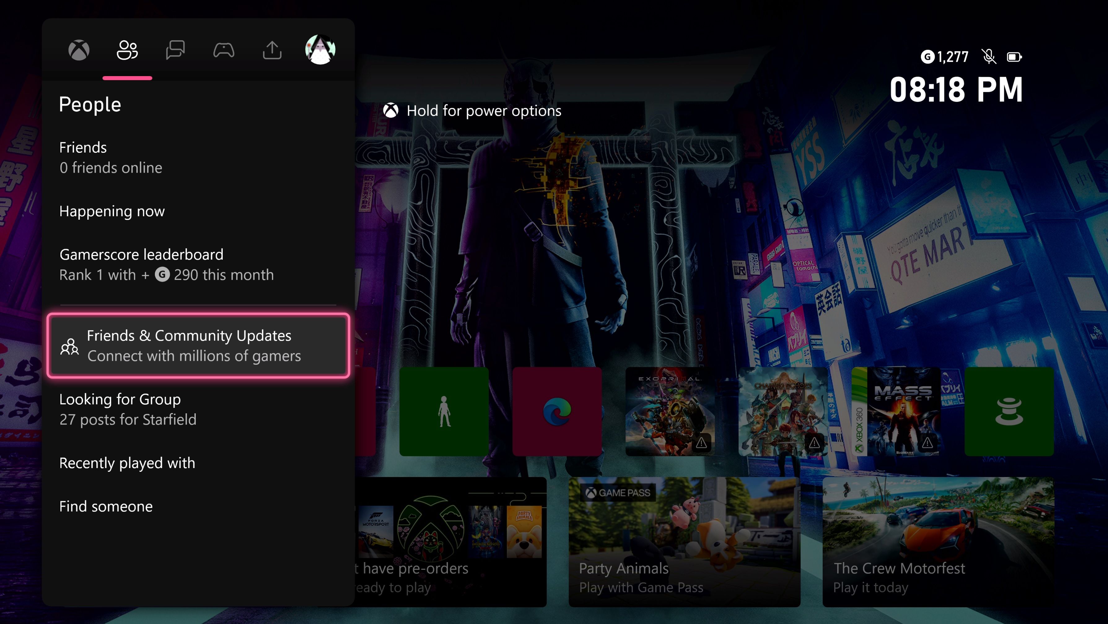 Вкладка Люди в главном меню Xbox