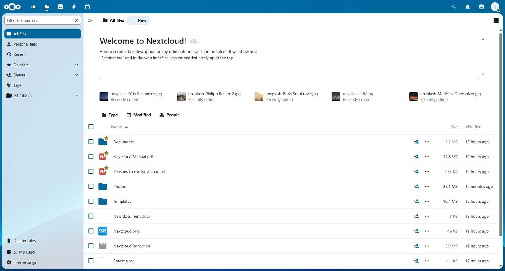 Schermata principale dei file in Nextcloud con elenco di documenti e cartelle.