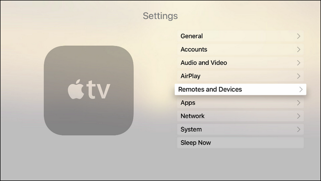 Экран меню «Пульты и устройства» Apple TV