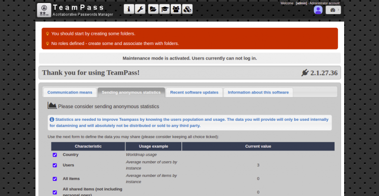 Панель управления TeamPass