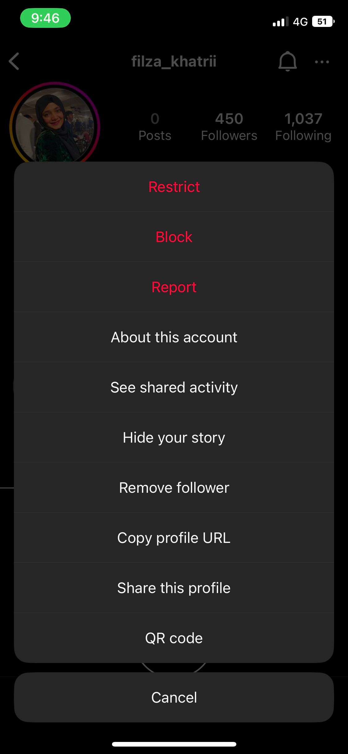 Меню с опцией Ограничить в Instagram
