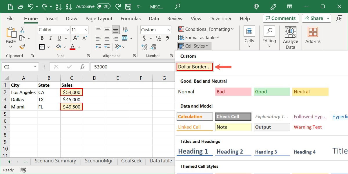 Пользовательский стиль в меню Стили ячеек Excel