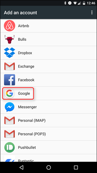 Выбор типа аккаунта: Google среди других сервисов