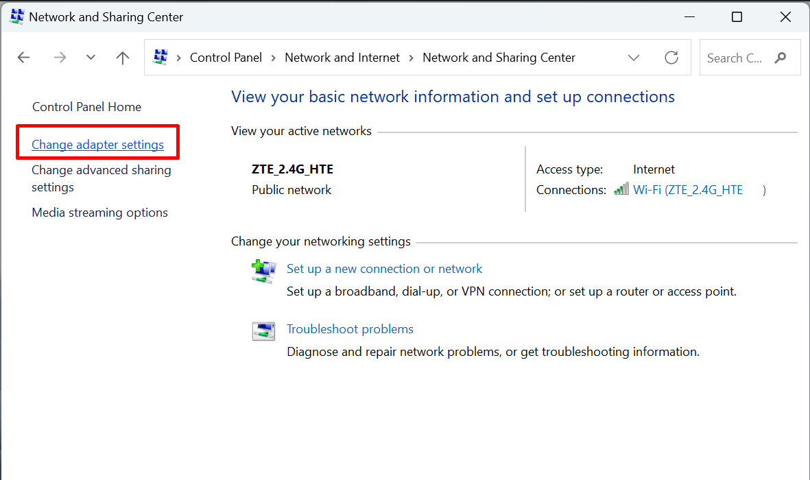 Переход к изменению параметров адаптера