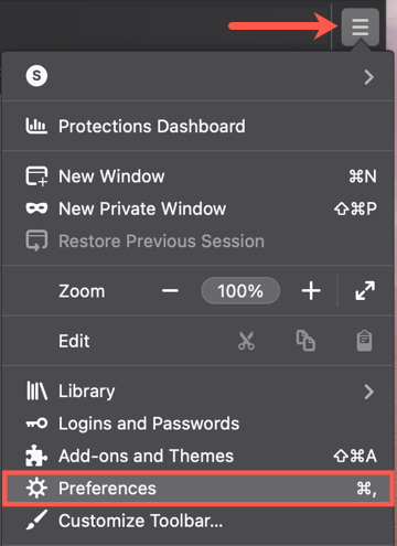 Меню приложения Firefox с пунктом Настройки на macOS