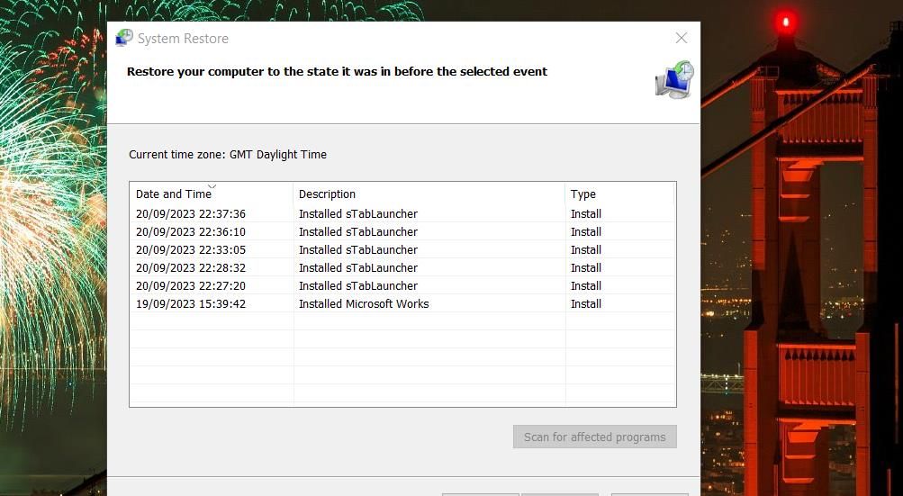 Окно восстановления системы в Windows