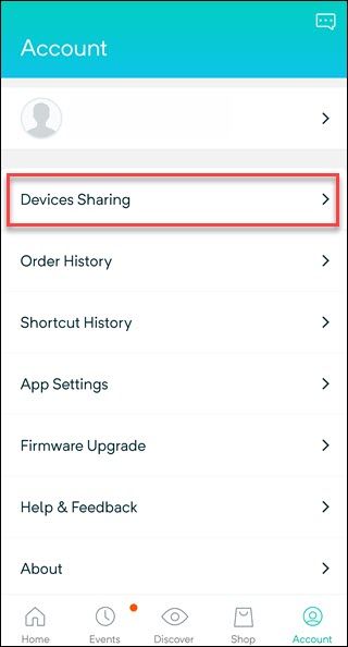 Wyze account settings with box around devices sharing option.