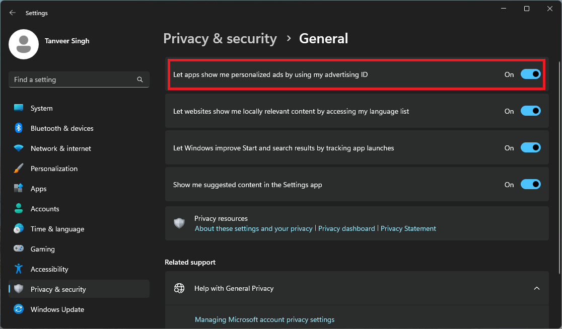 Отключение опции использованию Advertising ID для персонализированной рекламы.