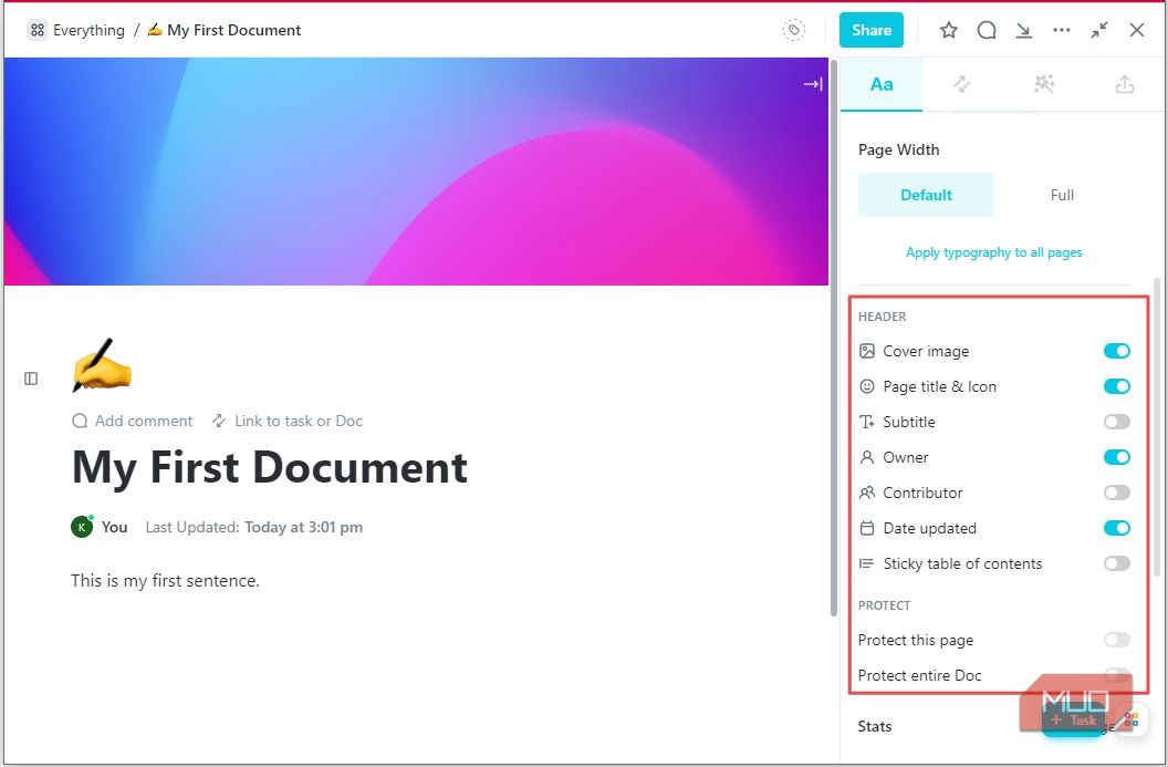 Детали страницы в ClickUp Docs — настройки шапки