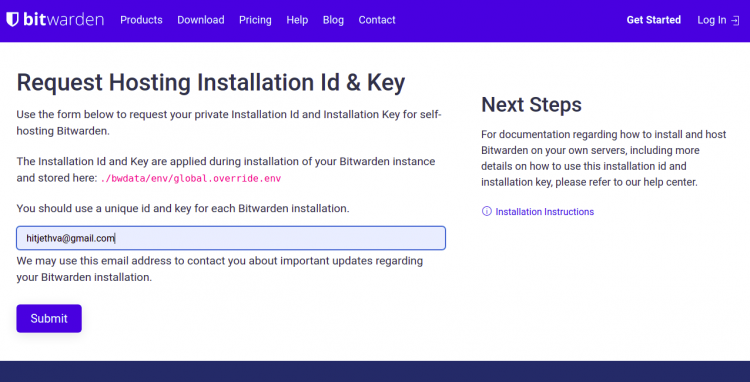 Форма получения ключа установки на сайте Bitwarden
