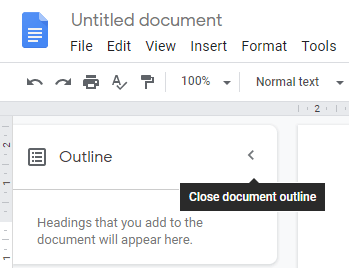 Кнопка закрытия панели оглавления в Google Docs
