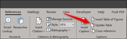 Опция обновления таблицы иллюстраций на ленте Ссылки