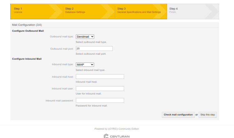 Настройка SMTP в инсталляторе OTRS