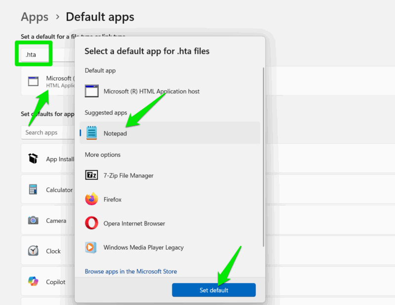 Alterando o aplicativo padrão para .hta nas configurações do Windows