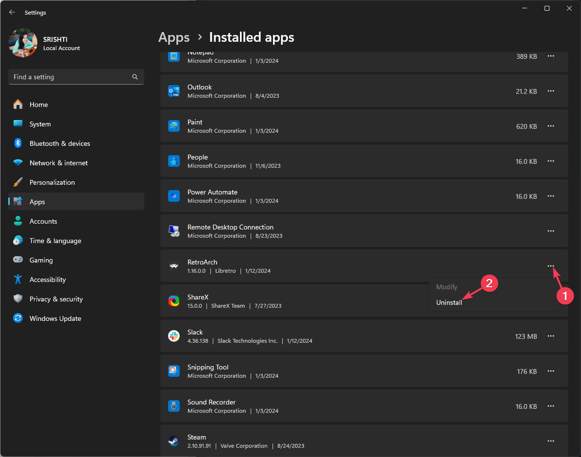 Кнопка удаления приложения RetroArch в Windows