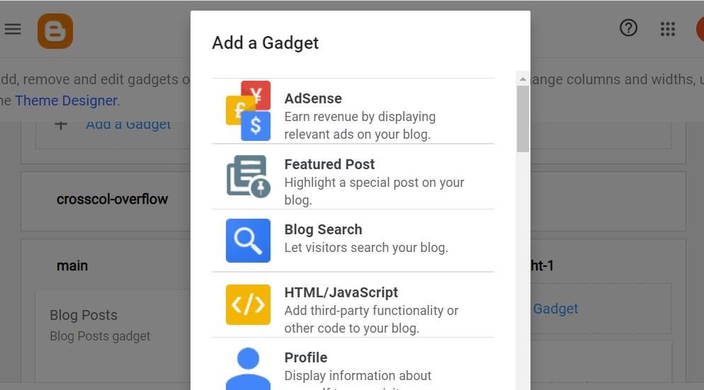 Меню Добавить гаджет в Blogger
