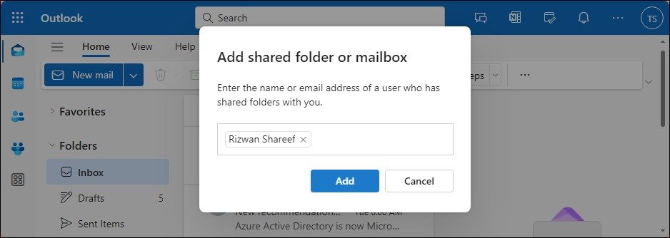 Диалог Add shared mailbox or folder в веб‑версии Outlook.
