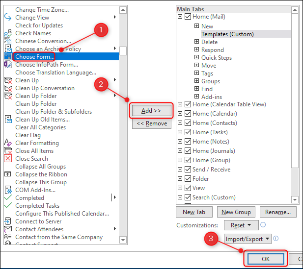 Выберите Выбрать форму, нажмите Добавить, затем ОК.