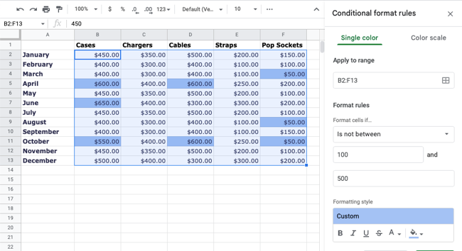 Правило Не между 100 и 500