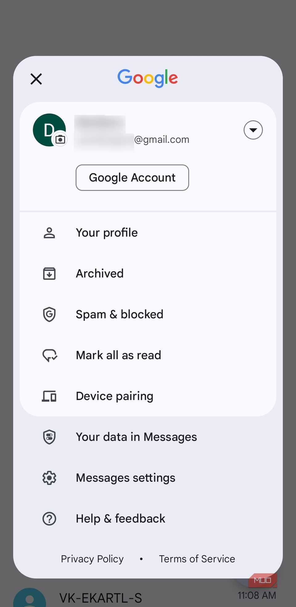 Меню Google Messages на Android