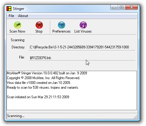Окно McAfee Stinger во время сканирования