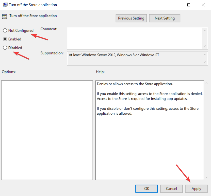 Параметры политики Store: Не задано/Отключено