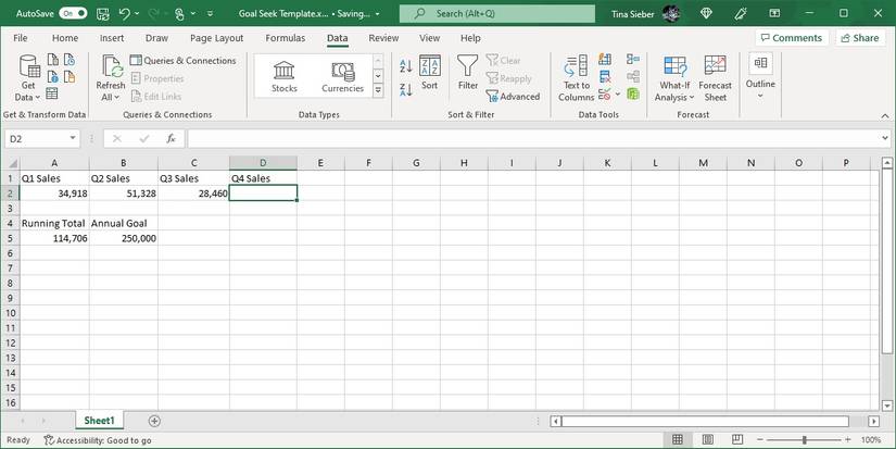 Пример таблицы для Goal Seek: продажи по кварталам и годовой итог