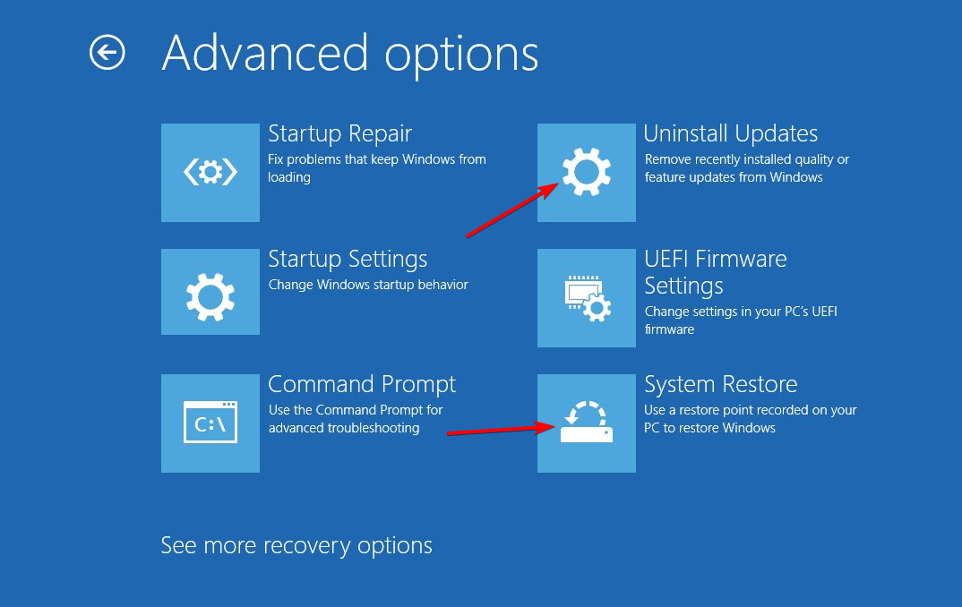 Опции удаления обновлений и восстановление системы
