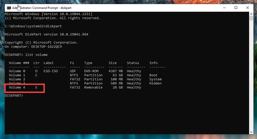 Пример тома USB с буквой E