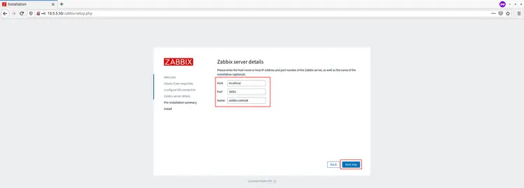 Детали сервера Zabbix в веб-инсталляторе