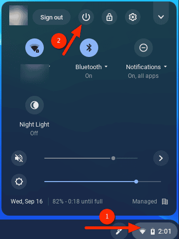 Выключение Chromebook — меню питания