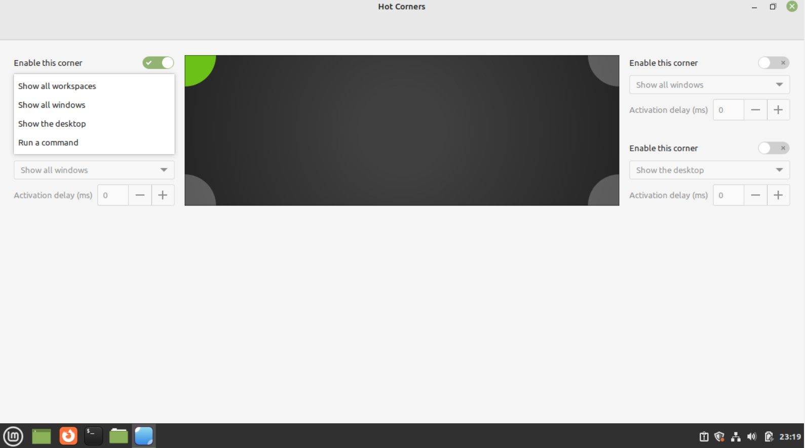 Настройки горячих углов в Cinnamon