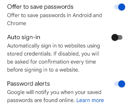 Настройки и опции менеджера — предложения сохранять пароли и автоматический вход.