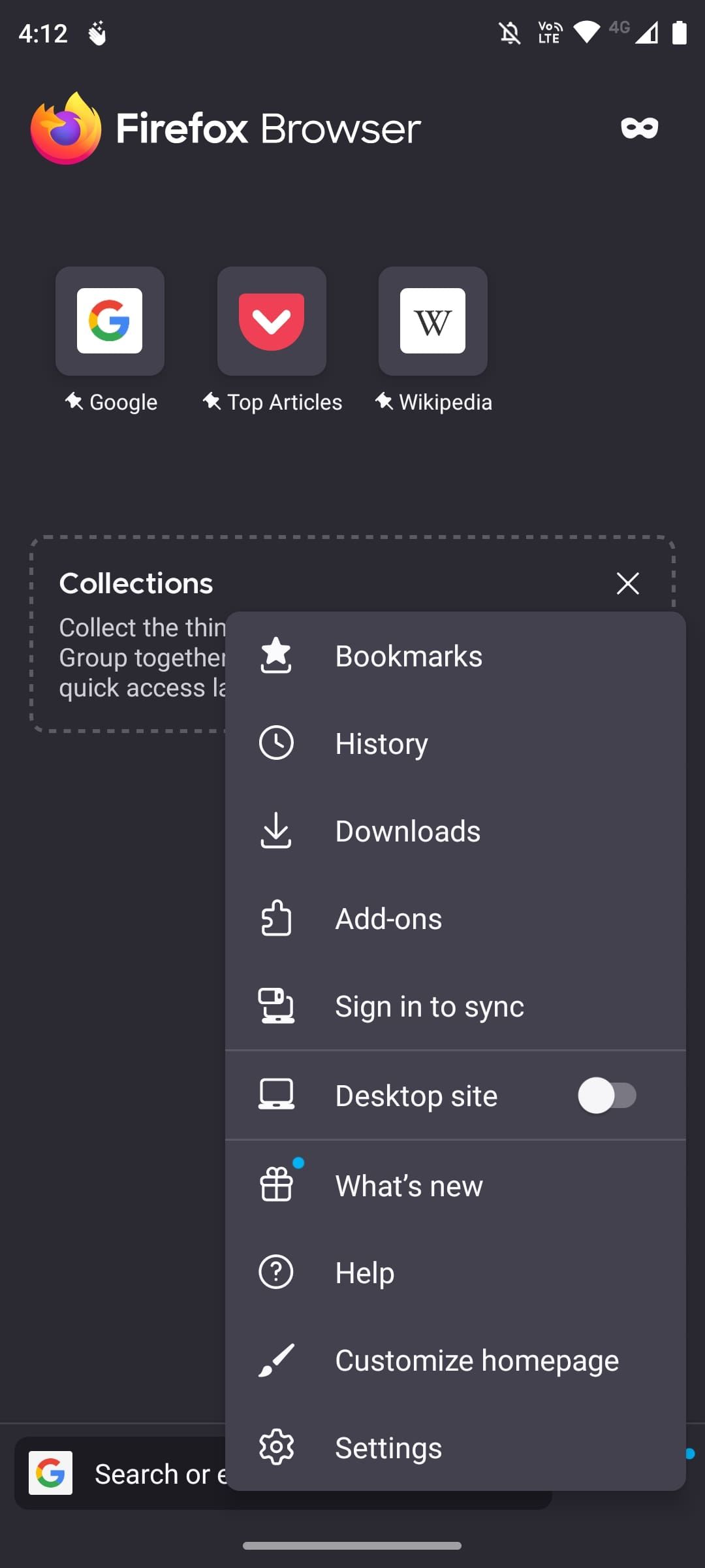 Открытое главное меню Firefox