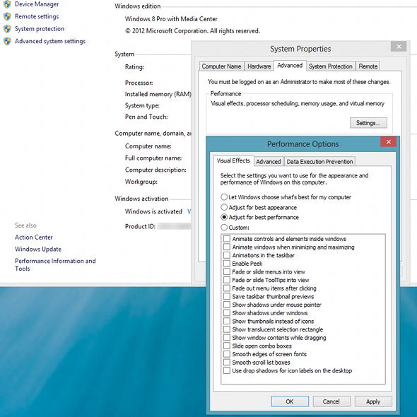 Экран с параметрами производительности Windows