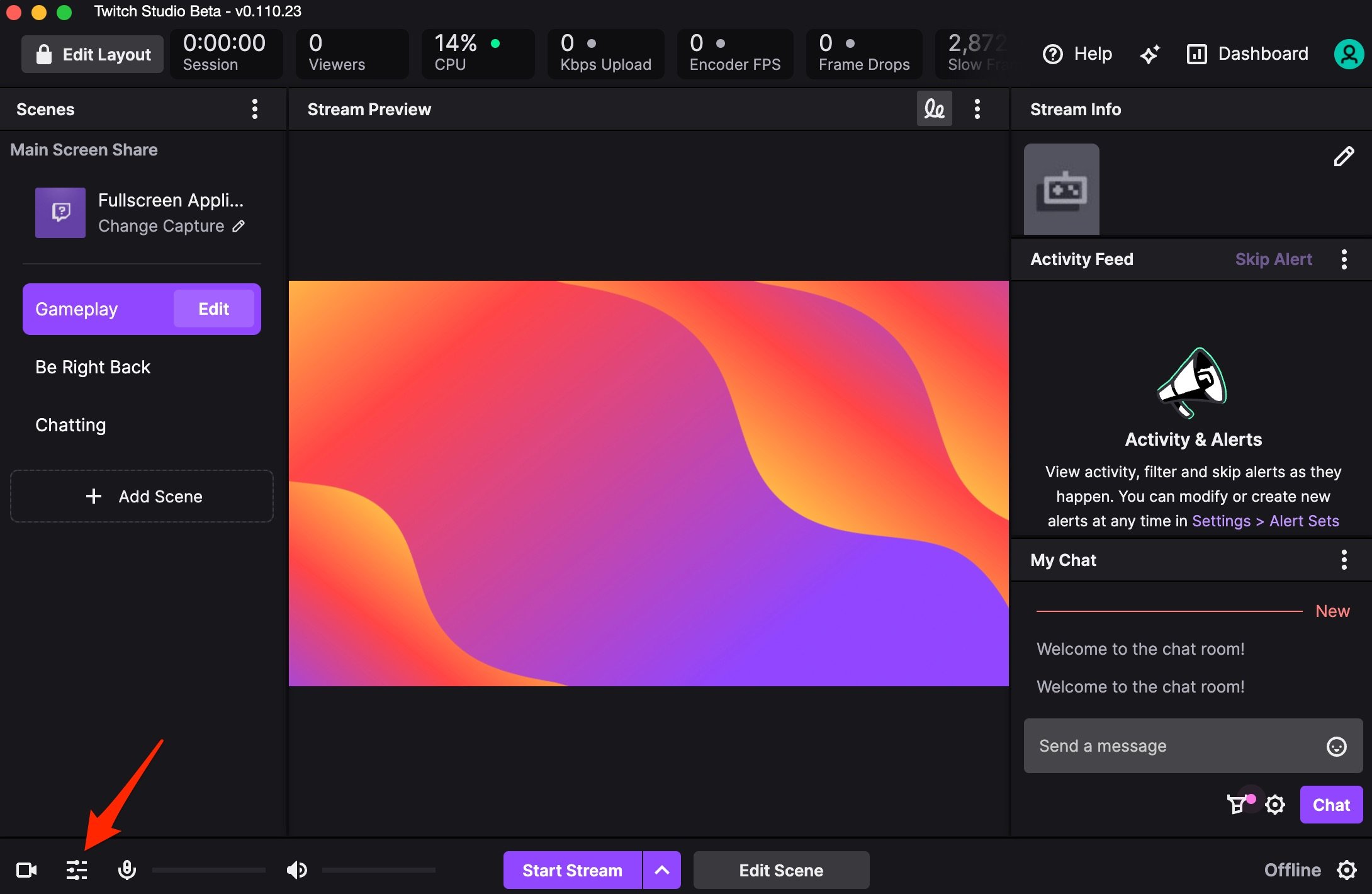 Иконка микшера аудио в Twitch Studio