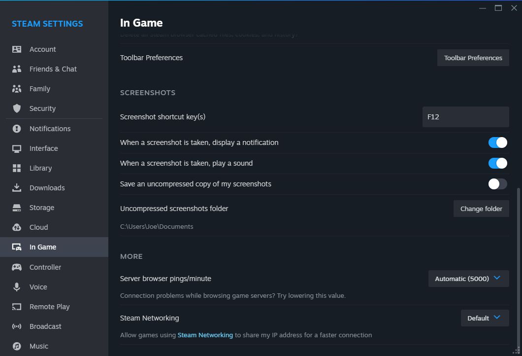 Настройки скриншотов Steam в разделе «В игре»
