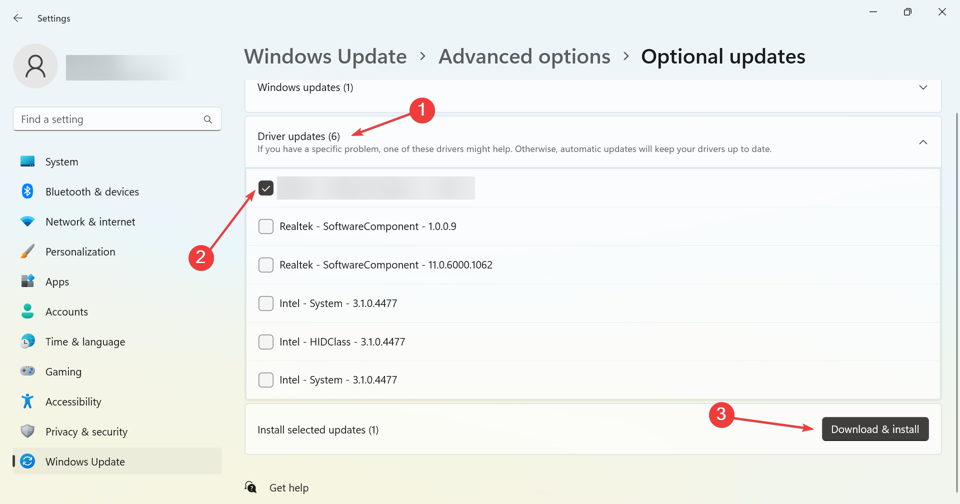 Список обновлений драйверов и кнопка загрузки и установки